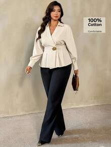 Auralis 女士长袖褶裥不对称金属扣装饰白色衬衫，优雅裹身式衬衫，适合工作场合，法式浪漫风格上衣，适合秋季、冬季和春季穿着。 - 米色 - 查看 5