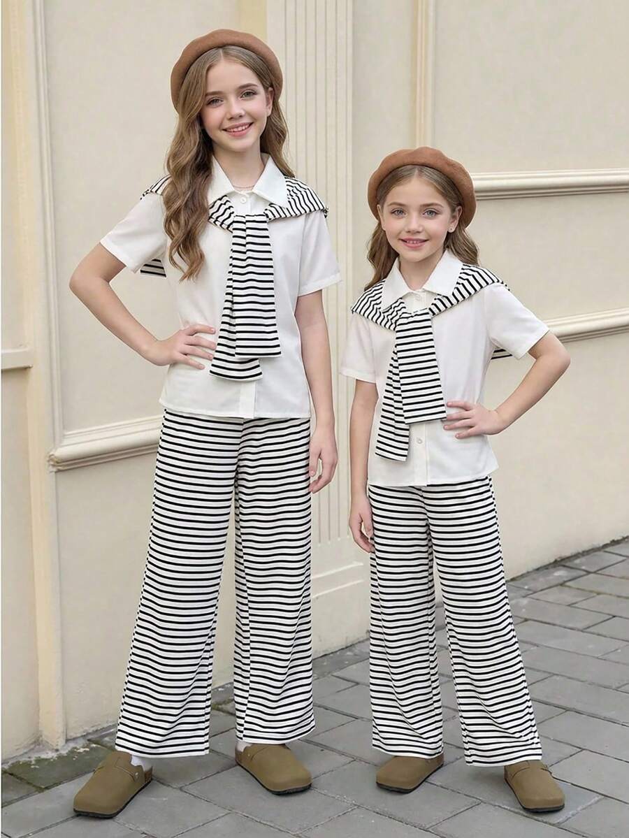 SHEIN 少女休闲可爱白色条纹短袖T恤套装,舒适柔软,百搭,适合度假、旅行等场合。 - 黑與白 - 查看 1