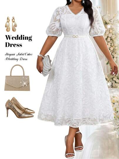 Fleurora 大码纯色V领短袖蕾丝优雅连衣裙