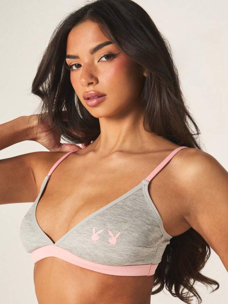Missguided x Playboy Contrast Trim Triangle Bralette With Bunny Logo Soft Cup Wireless Comfort Lingerie Pullover Style