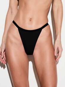 KIZN 三角式聚拢文胸和丁字裤内衣套装，配有可调节肩带和钩扣 - 黑色 - 查看 6