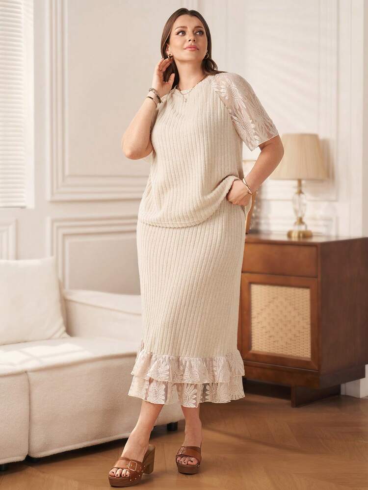 Plus Size Lace Patchwork T-Shirt + Skirt 2 Pieces Set 2 Piece Skirt Sets Woman Women Plus Clothing 2 Piece Knitted Dress For Women Cream Dress Plus Size Plus Size Ruffle Dress, Summer Outfits Plus Skirt Set Modest Two Piece Set