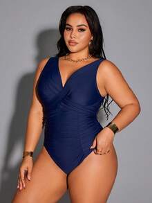 Shapewave Bộ đồ bơi liền thân cạp cao, màu trơn, ôm dáng, tôn dáng, dành cho kỳ nghỉ hè 2026, cỡ lớn, thích hợp cho bãi biển. - Màu xanh hải quân - Xem 3