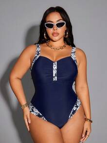 Shapewave 2026 New Summer Beach Vacation Casual Conservative Drawstring Back One-Piece Plus Size Swimsuit - Blue and White - View 6