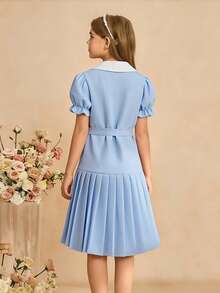 SHEIN Tween Girl Contrast Collar Detachable Bow Textured Fabric Dress, Elegant Academic Lady Style - Blue - View 2