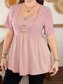 Lacomfia 女士弹力提花短袖二合一收腰A字休闲舒适大码T恤 - 粉色 - 查看 3