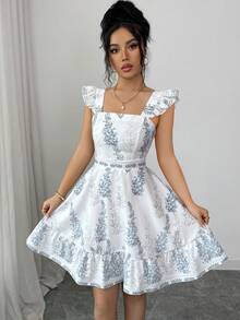 SHEIN Elenzya 女士蝴蝶结露背腰带A字连衣裙，魅力优雅假日休闲甜美可爱通勤海滩海岛性感时尚约会法式街头复古百搭春夏蓝白新款喇叭袖连衣裙 - 彩色 - 查看 3