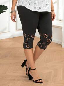 Miaspire 大码女式黑色高弹镂空花卉七分紧身裤 - 深灰色 - 查看 6