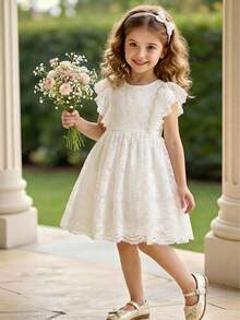 SHEIN Young Girl Elegant & Cute White Lace Ruffle Hem Dress, Young Girls - White - View 9