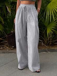 DAZY Women's Waist Tie Striped Pocket Wide Leg Loose Casual Pants - Black - View 5