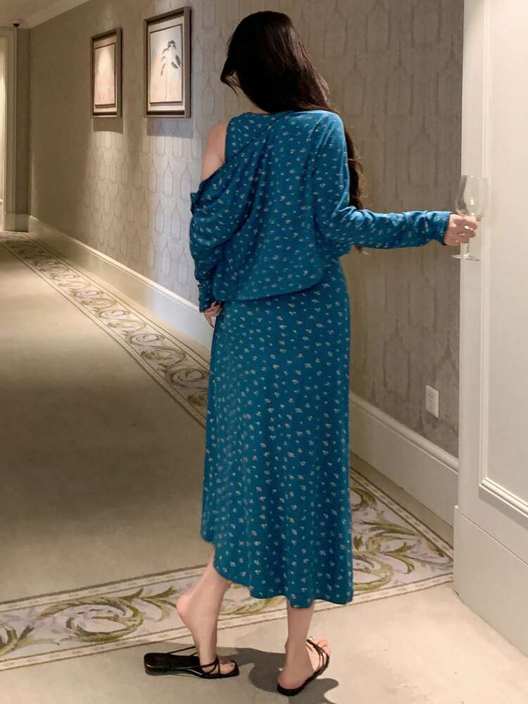 2pcs Ditsy Floral Camisole Dress & Long Cardigan Set, Women Sleepwear Suit