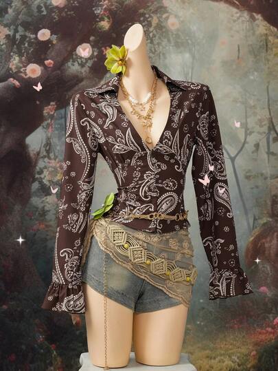 EgrlEra Women's Fashionable Deep V Paisley Print Shirt