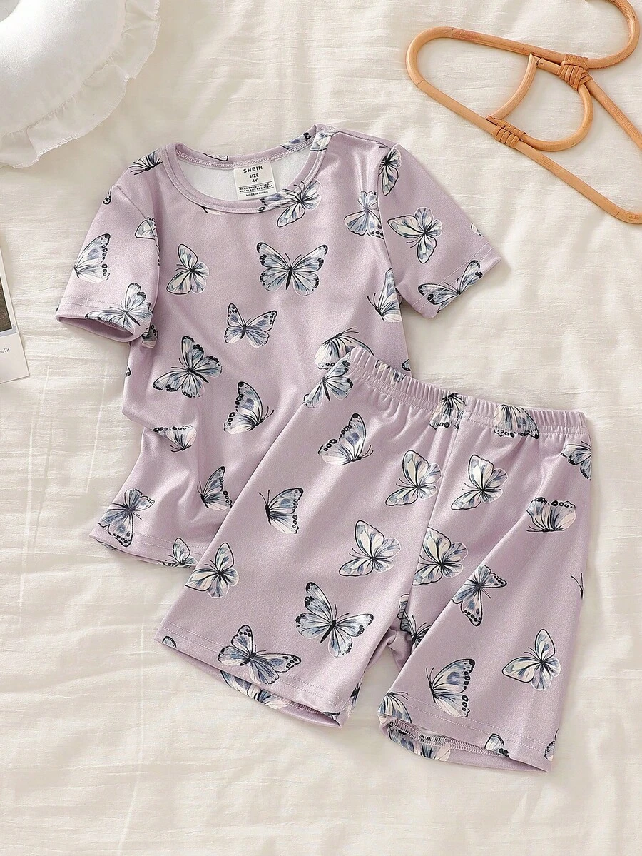 SHEIN 两件套女童优雅紫色粉色复古蝴蝶印花圆领修身短袖上衣和短裤睡衣套装 - 紫色 - 查看 1