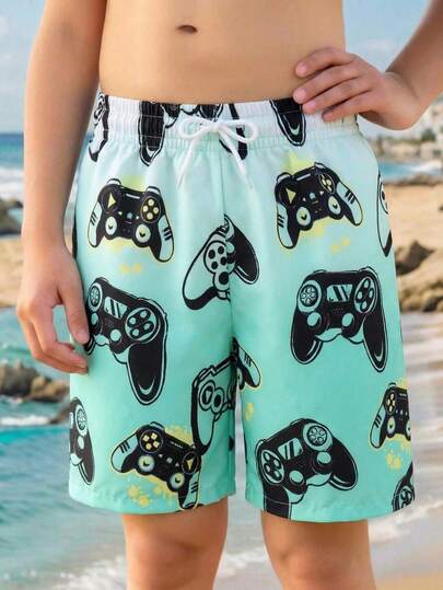 Boys' (Plus Size) Personalized Swim Trunks, Game Controller Print Design Showcases Vitality, Comfortable For Swimming Pool, Beach, Vacation Teenage Boy Bathing Suits Boys Pajama Shorts Color Changing Shorts For Kids For Boys Father Son Matching Swim Trunks