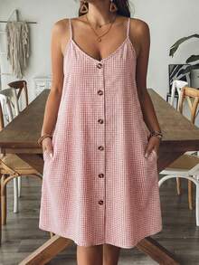 SHEIN VCAY Plus Size Women Plaid Single-Breasted Pocket Loose Strap Casual Dress - Redwood - View 1