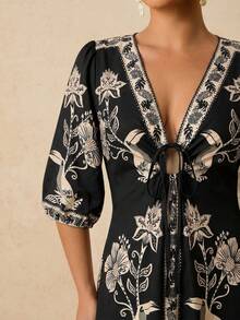 Travachic 大码女式蓝白碎花印花长款连衣裙，V领中袖浪漫度假连衣裙，蕾丝边饰长款连衣裙 - 黑色 - 查看 3