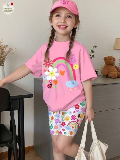 SHEIN 2pcs/Set Young Girl Casual Cute Floral, Face, Rainbow, Insect, Butterfly Print Short Sleeve T-Shirt And Shorts Set, Suitable For Summer Girls Outfit Sets, Spring/Summer, Summer, Vacation, Polka Dot, Y2K, Baby Girls Clothes, Sets, Cozy Spring And Summer Styles, Easy Comfort