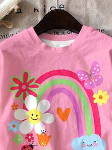 SHEIN 两件套女童休闲可爱印花短袖T恤和短裤套装，图案包括花朵、人脸、彩虹、昆虫和蝴蝶，适合夏季女童穿搭，春夏皆宜，夏季度假必备，波点元素，Y2K风格，女婴服装，套装，舒适春夏款式，轻松舒适 - 彩色 - 查看 4