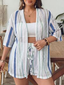 SHEIN VCAY Plus Size Women's Blue & White Striped Shirt And Shorts Knit 2 Pieces Set, Summer Vacation - Multicolor - View 6