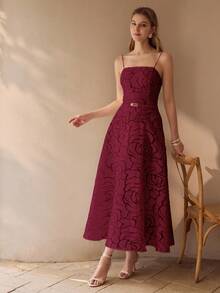 MOTF PREMIUM 法式优雅连衣裙，女士无肩带玫瑰花卉A字型喇叭裙摆礼服 - 酒紅色 - 查看 5