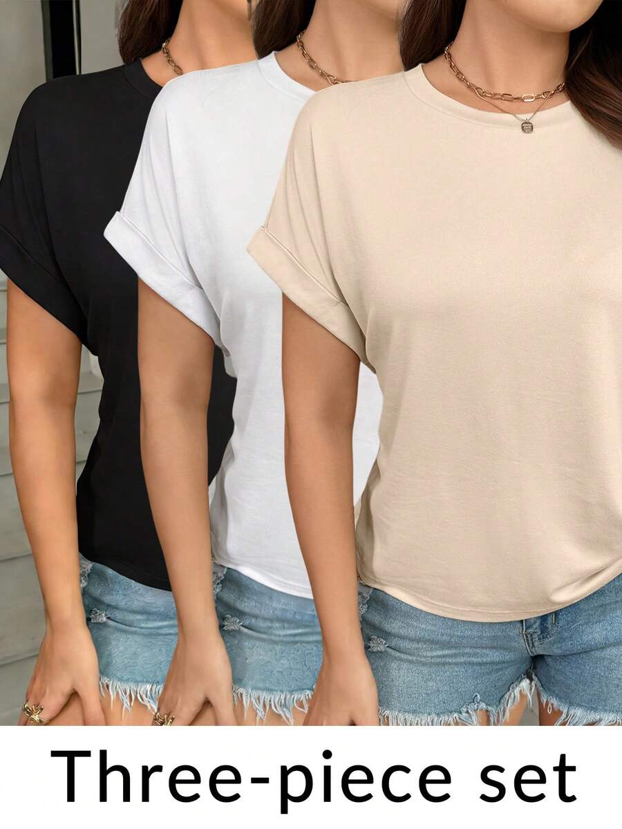 SHEIN LUNE 3件套 女式加大码纯色圆领休闲日常短袖T恤 嘉年华沙滩休闲情人节