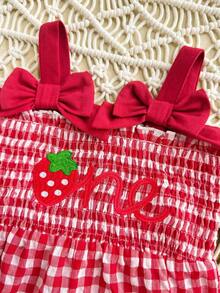 SHEIN LMoss Kids 女婴可爱休闲红白格子草莓图案蝴蝶结装饰连体衣 - 彩色 - 查看 9