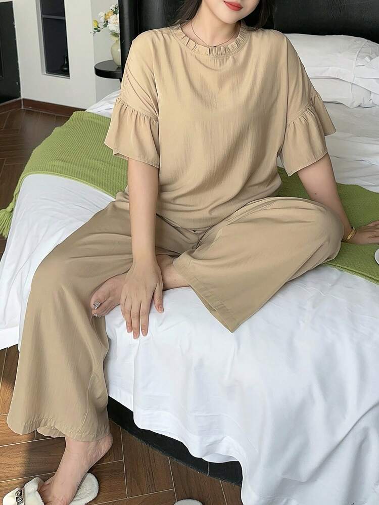 Dazy Plus Plus Size Comfortable Solid Color Ruffle Trim Short Sleeve Top And Shorts Pajama Set, Summer