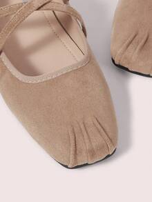 CUCCOO DOLLMOD Women's Shoes Camel Square Toe Characteristic Pleated Suede Cross Strap Mary Jane Low Vamp Ballet Flats - Khaki - View 5