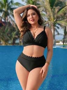 Swim Lushoire Damen Große Größen 2-teiliges Badeanzug Set, Spitzenbesatz Bademode für Sommerurlaub - Schwarz - Übersicht 4
