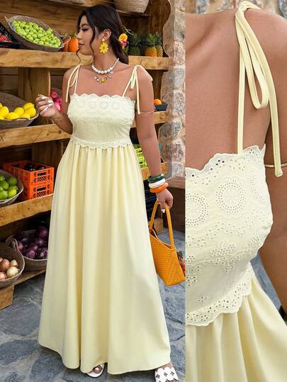 Breezaya 大码女士优雅度假休闲蕾丝提花方领无袖纯色长款连衣裙，春夏款