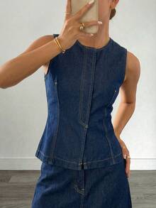 Siren Gaze 女士休闲水洗无袖牛仔露脐上衣 - 深色水洗藍 - 查看 1