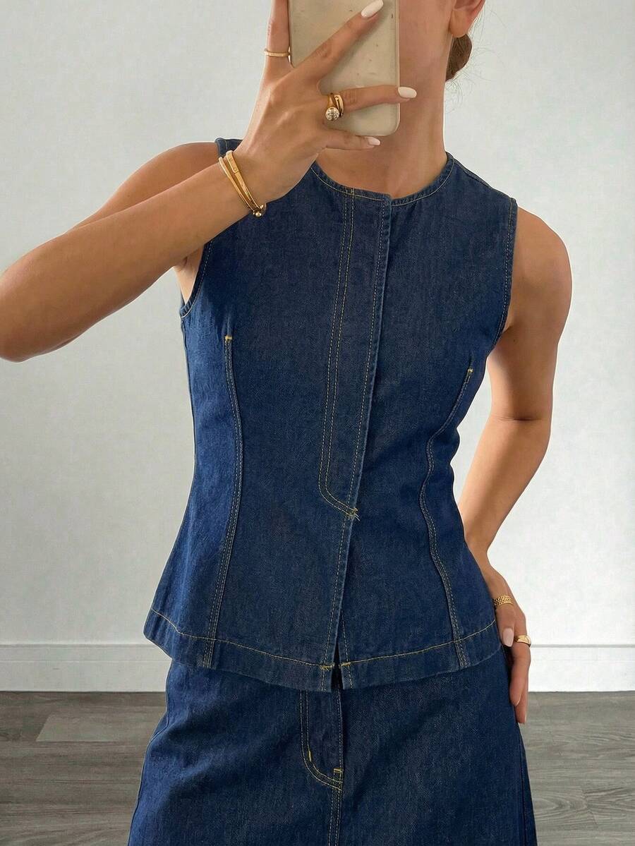 Siren Gaze 女士休闲水洗无袖牛仔露脐上衣 - 深色水洗藍 - 查看 1