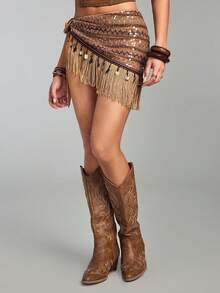 ROMWE Women's Retro Hippie Western Music Festival Sheer Glitter Fringe Hem Tie Waist Cover Up Skirt - Multicolor - View 7