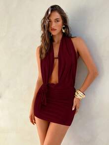 Aloruh Women's Sexy Backless Draped Neck Solid Color Mini Dress, Casual Beach Vacation Style ,Summer Dress - Burgundy - View 6
