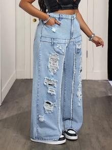 Breezaya Damen Große Größen High Waist Jeans mit Taschen, weites Bein, locker, lässig - Blau - Übersicht 4