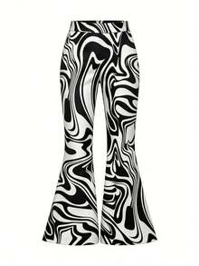 EMERY ROSE Women All-Over Print Elastic Waist Flare Leg Casual Pants - Multicolor - View 2