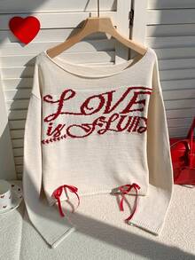 SHEIN EZwear Spring Letter Jacquard Knit Pullover Sweater - Apricot - View 3