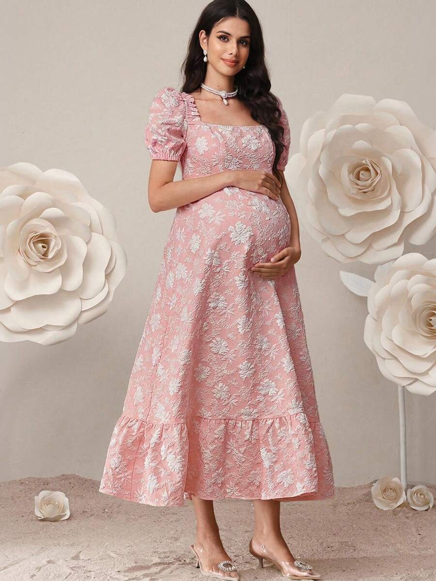 SHEIN Đầm bầu tay cánh hoa thanh lịch bằng vải jacquard cho mùa hè - Hồng - Xem 1