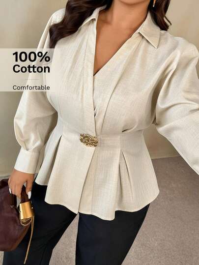 Auralis Women's Long Sleeve Pleated Asymmetric Metal Buckle Decor White Blouse, Elegant Wrap Style Shirt For Work, French Romantic Top, Suitable For Autumn, Winter, Spring Women Blouses Elegant Professional Blouse Cotton Blouses Blouse With Buckle Cream Blouse Womens Blazers