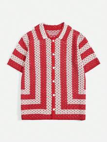 Manfinity LEGND Suéter de punto con botones delanteros, de manga corta y con contraste de rayas y calado - Rojo - Ver 3