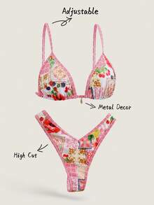 Elavelle Bộ 2 món bikini nữ in họa tiết ngẫu nhiên, dây mảnh, đính kim loại, kiểu dáng cạp cao, thích hợp cho kỳ nghỉ hè/xuân ở bãi biển. - Nhiều màu - Xem 3