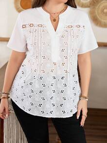 Lacomfia Chemise décontractée pour femmes grandes tailles, manches courtes, couleur unie, jacquard, patchwork - Blanc - Voir 4
