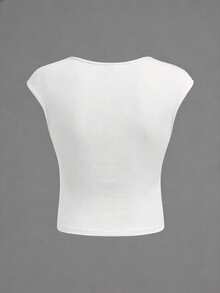 SHEIN Kids Tween Girl White Summer Basic School Knit Solid Ruched Bust Sweet Casual Shrug T-Shirt,Suitable For Back-To-School,Cute,Holiday Family Outdoor - White - View 2