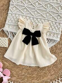 新生女宝宝优雅可爱杏色纹理蝴蝶结装饰短袖连衣裙 - 白色 - 查看 7