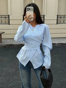 Siren Gaze 女式蓝白条纹收腰衬衫，秋冬 - 藍白色 - 查看 3