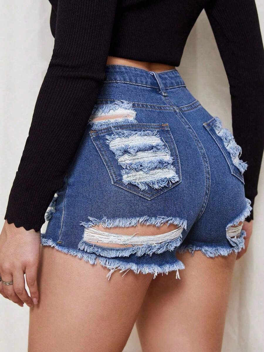Jeanoix Fashionable Summer Frayed Ripped Casual Versatile Denim Shorts - Medium Wash - View 1