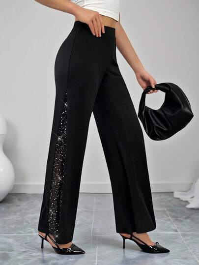 SHEIN Tall Ladies Elegant Mesh & Glitter Splice Black Slim Straight Leg Pants, Fit For Commuting, Casual And Daily Wear, Spring/Summer