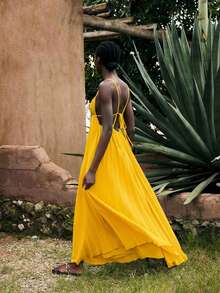 Maija 女士夏季度假连衣裙，简约无袖纯色波西米亚风沙滩裙，适合春夏季节穿着 - 黃色 - 查看 7