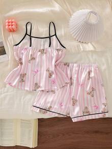 女童条纹小熊印花仿丝吊带背心和短裤两件套睡衣套装 - 彩色 - 查看 2