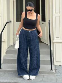 Dazy Plus Quần jeans ống rộng dài, chất liệu vải có họa tiết, cạp quần màu xanh nhạt và gấu quần thiết kế tua rua, thích hợp cho mọi mùa. - Rửa trung bình - Xem 4